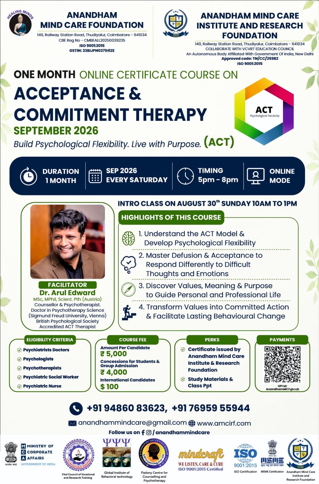 Online Certificate Course on Acceptance and Commitment Therapy